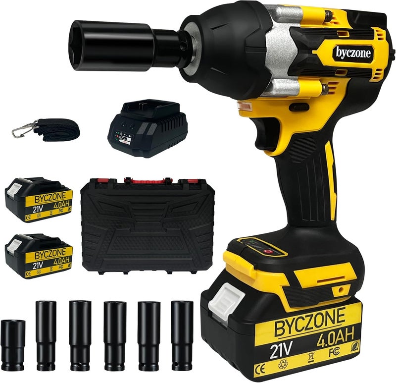 byczone 1000N.m(740Ft-lbs) Cordless Impact Wrench, 1/2 Inch High Torque Brushless 21V Impact Gun w/ 2 x 4.0Ah Battery & Fast Charger & 6 Sockets, Pistola De Impacto for Home Car Tires Truck Mower - Image 1